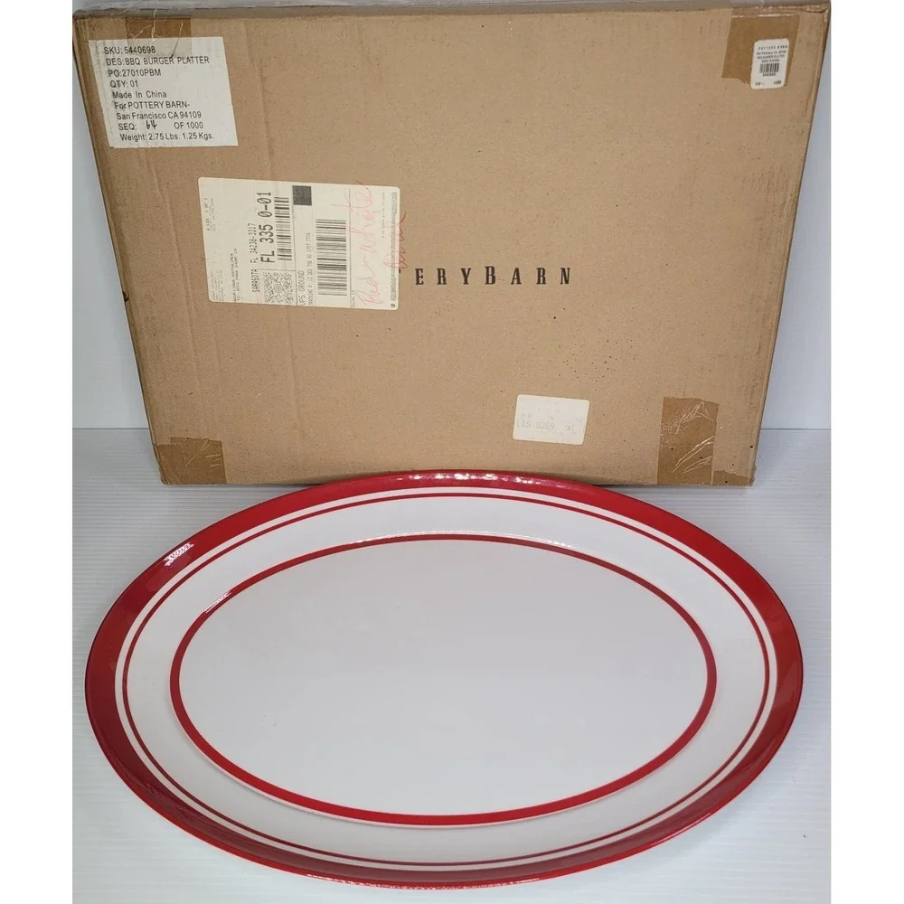 Pottery Barn New Old Stock BBQ Burger Serving Tray Plastic Red White 15x20 w Box